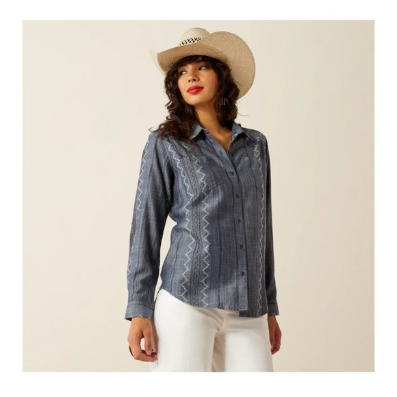 Women's Ariat Blue White Embroidered Western Long Sleeve Shirt Size M,‎ 0030 B 1 - Picture 2 of 12